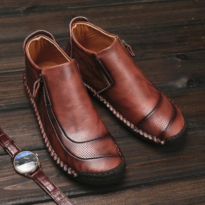 Men Leather Hand Stitching Side Zipper Comfy Soft Ankle Boots-burnzay