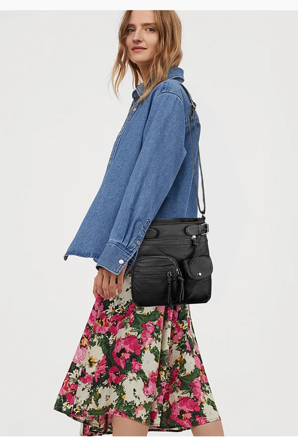 Multi-Pocket Crossbody Bag Soft Leather Shoulder Purse Bag