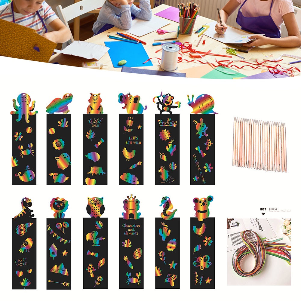 🔖DIY Animal Scratch Art Bookmark🌈-With Wooden Stylus and Satin Ribbons