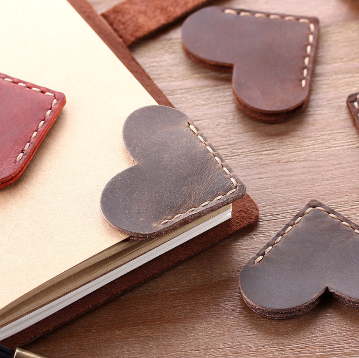 Heart Shape Stitched Leather Corner Bookmark