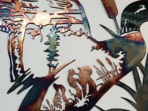 🦆Solo Mallard Hunting & Trout Fishing Scene Metal Wall Art🦆