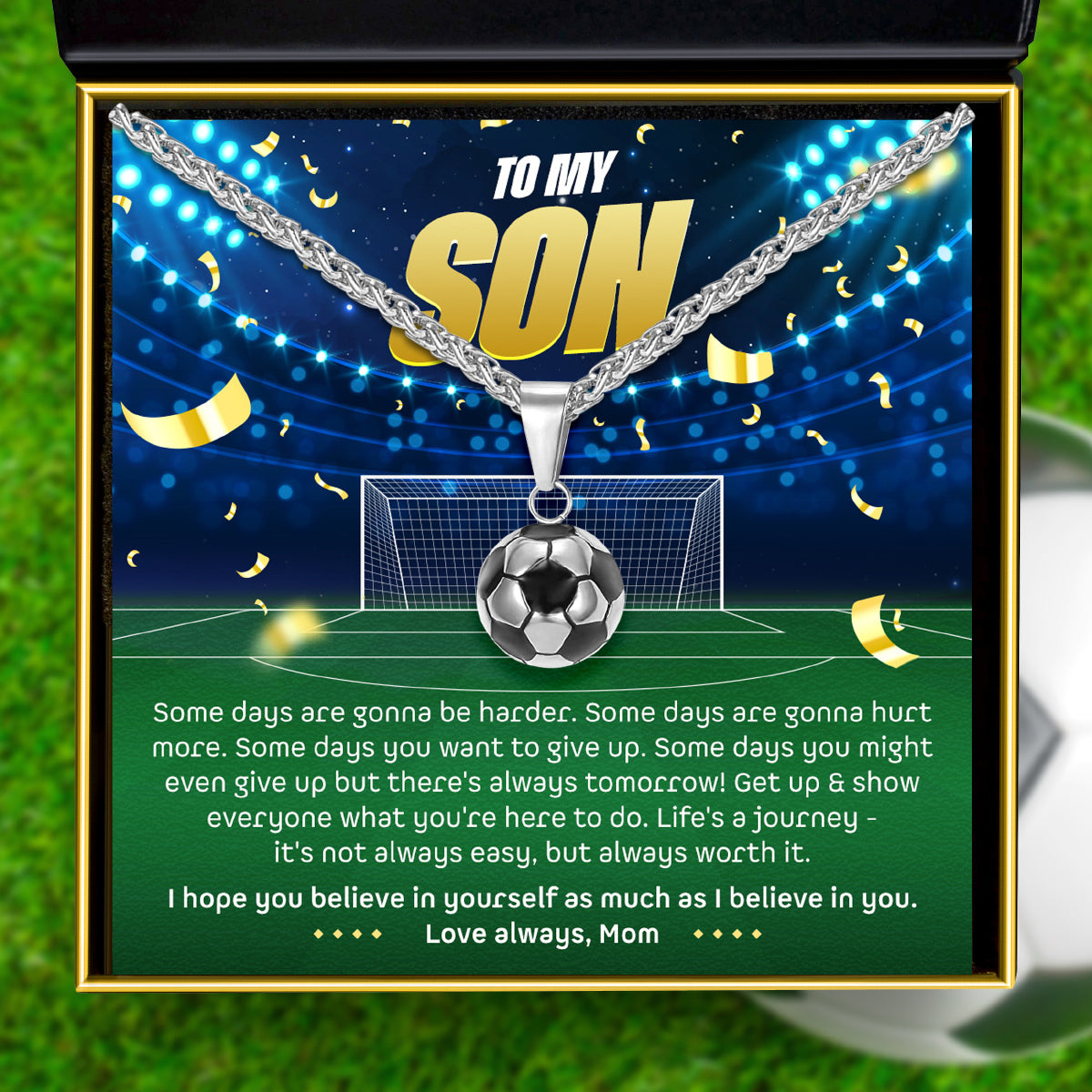 ⚽To My Son, Love Mom (Motivational Sports Card) - Soccer/ Football Necklace Gift Set