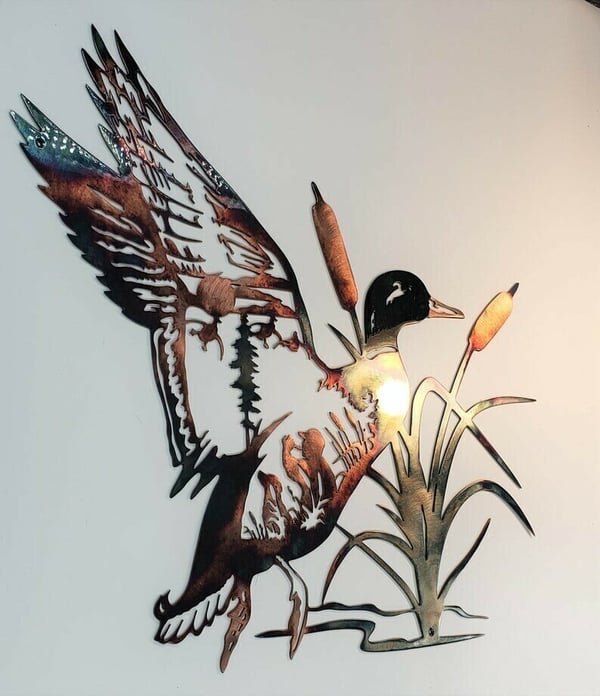 🦆Solo Mallard Hunting & Trout Fishing Scene Metal Wall Art🦆