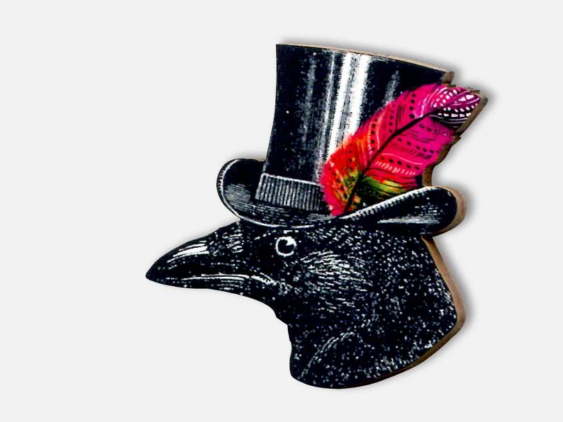Whimsical wooden brooch pin "BIRD OF PASSAGE" gothic funny gift