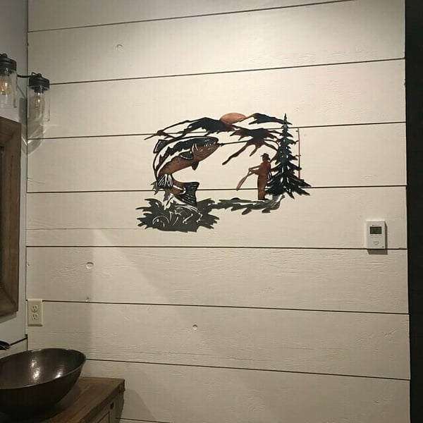 🦆Solo Mallard Hunting & Trout Fishing Scene Metal Wall Art🦆