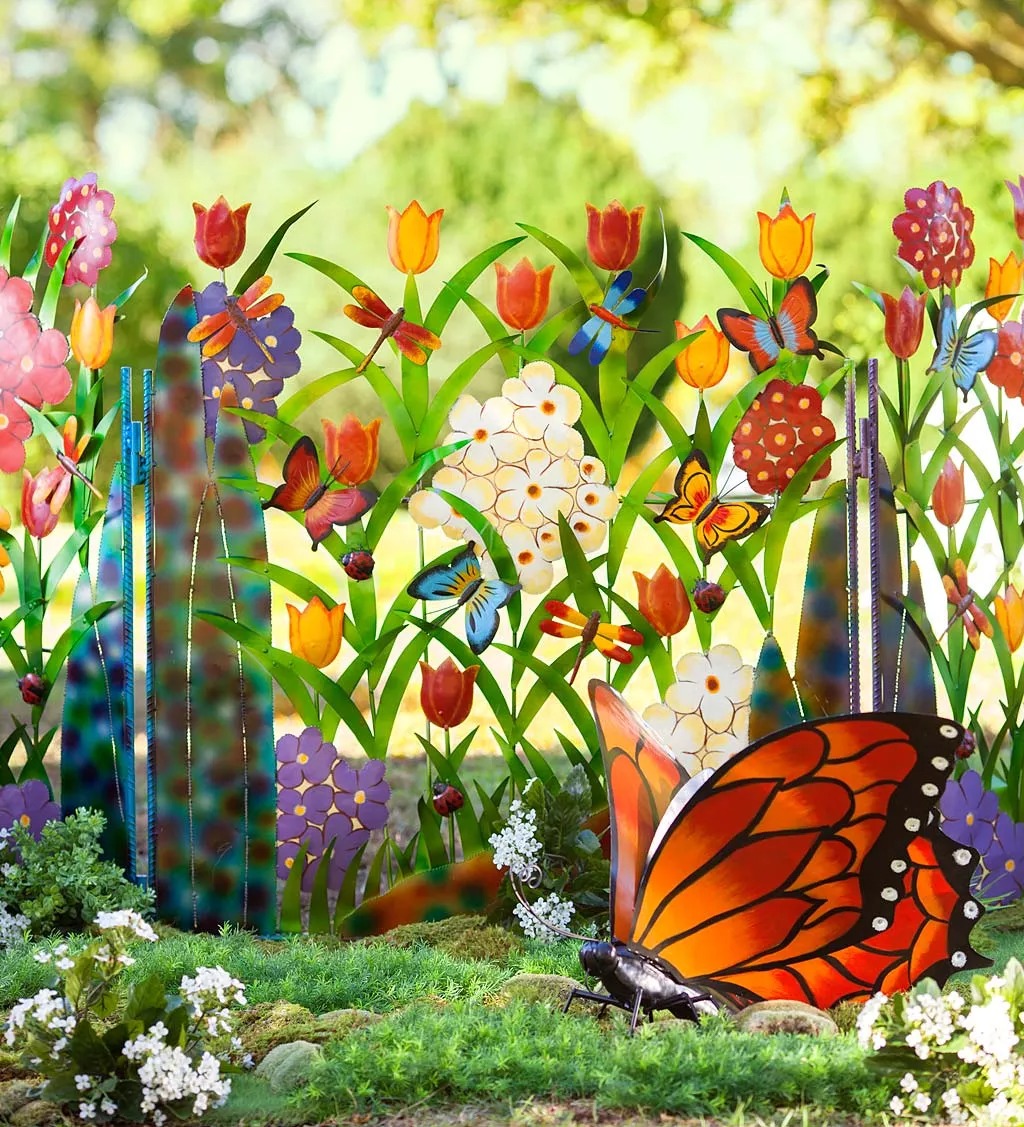 Colorful Metal Butterfly and Flower Garden Screen