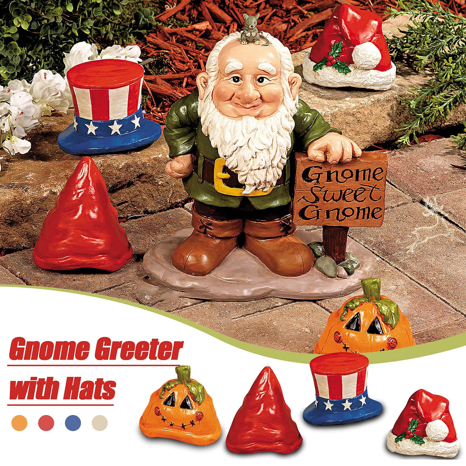 Gnome Greeter with 4 Seasonal Hats and Sign
