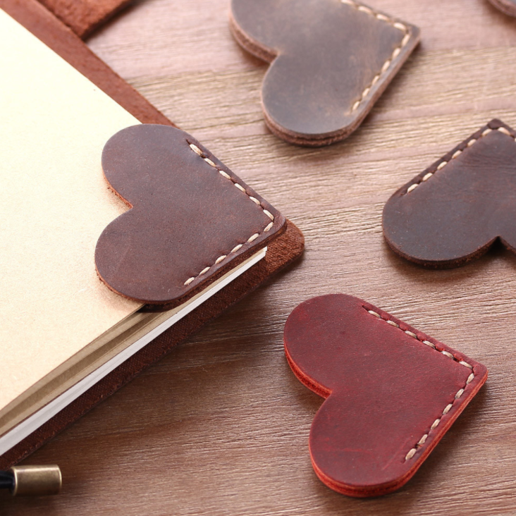 Heart Shape Stitched Leather Corner Bookmark