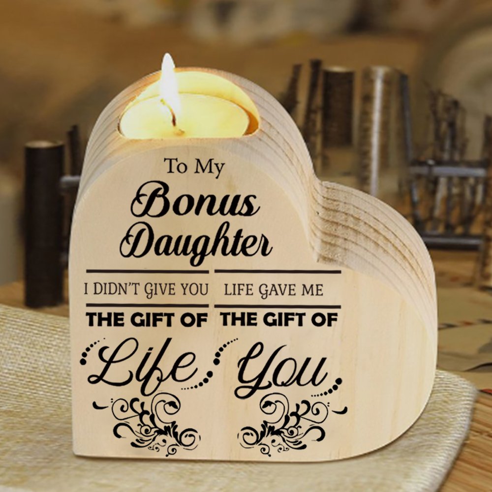 🕯️To My Bonus Daughter Wooden Candlestick-Shake Hands Heart Candle Holder