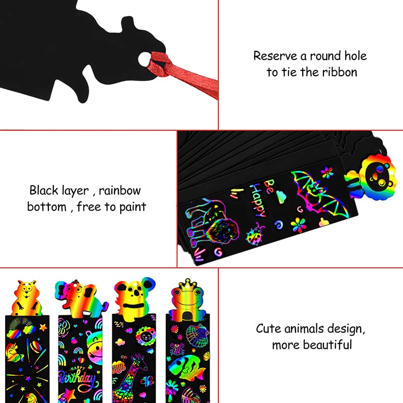 🔖DIY Animal Scratch Art Bookmark🌈-With Wooden Stylus and Satin Ribbons