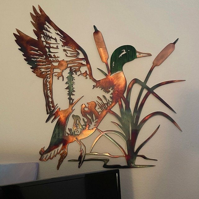 🦆Solo Mallard Hunting & Trout Fishing Scene Metal Wall Art🦆