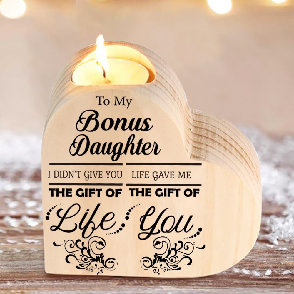 🕯️To My Bonus Daughter Wooden Candlestick-Shake Hands Heart Candle Holder