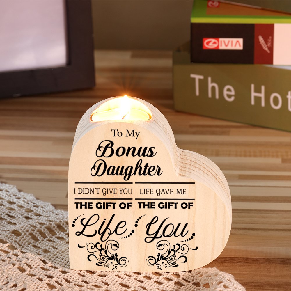 🕯️To My Bonus Daughter Wooden Candlestick-Shake Hands Heart Candle Holder