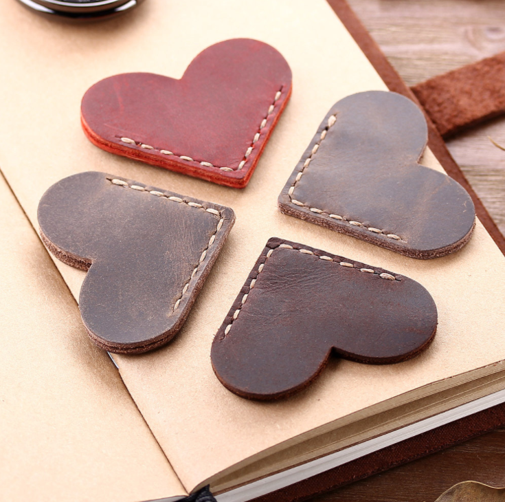 Heart Shape Stitched Leather Corner Bookmark