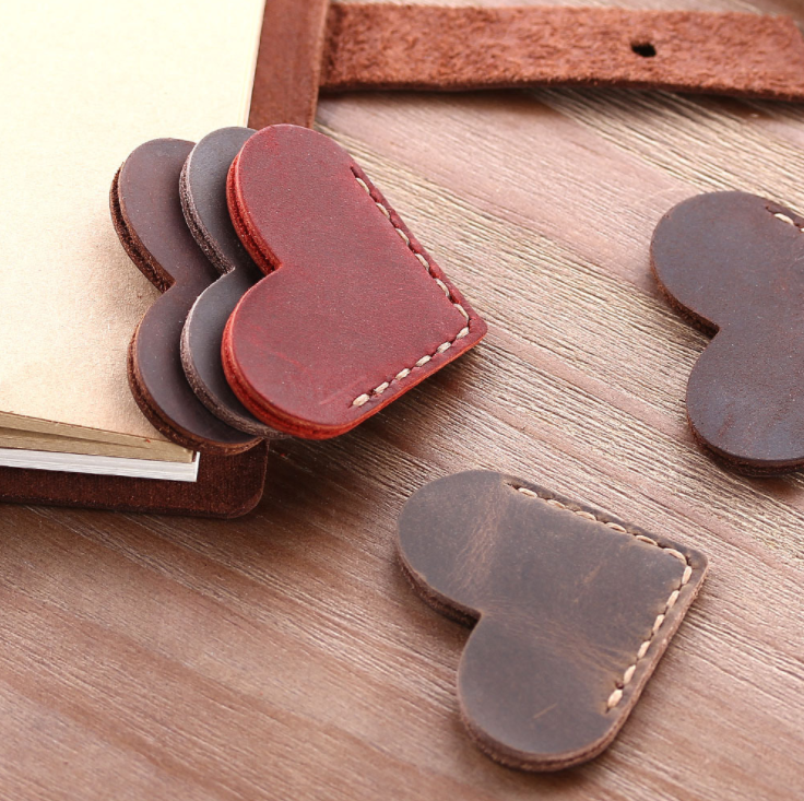 Heart Shape Stitched Leather Corner Bookmark