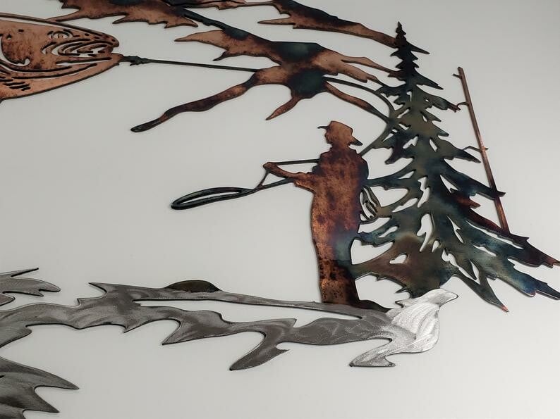 🦆Solo Mallard Hunting & Trout Fishing Scene Metal Wall Art🦆