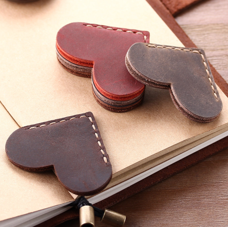 Heart Shape Stitched Leather Corner Bookmark