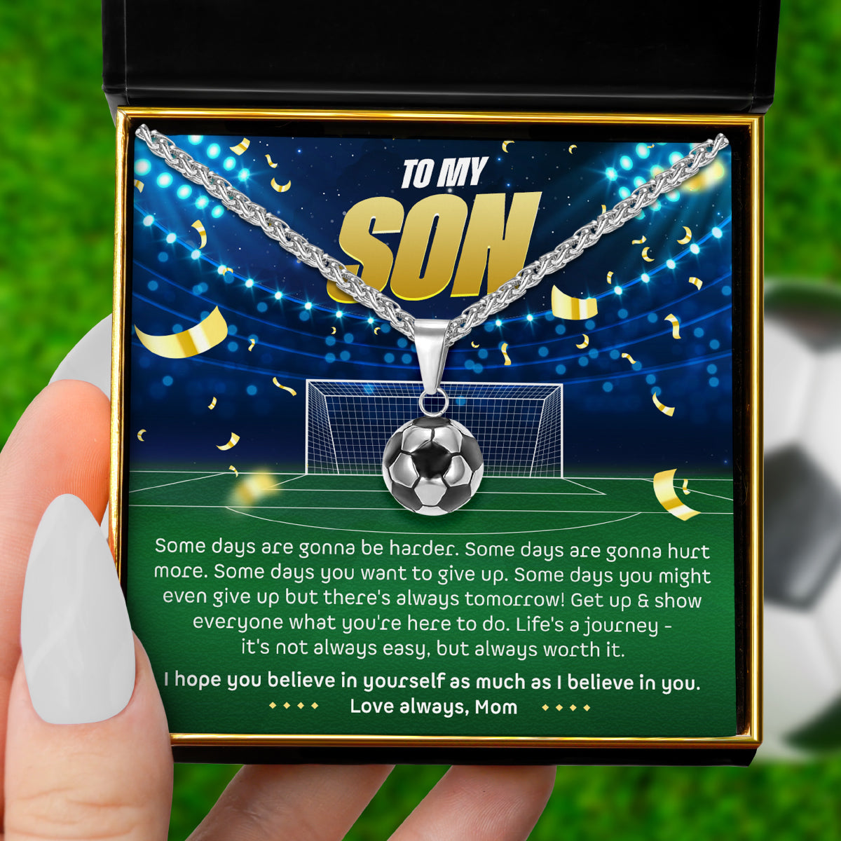 ⚽To My Son, Love Mom (Motivational Sports Card) - Soccer/ Football Necklace Gift Set