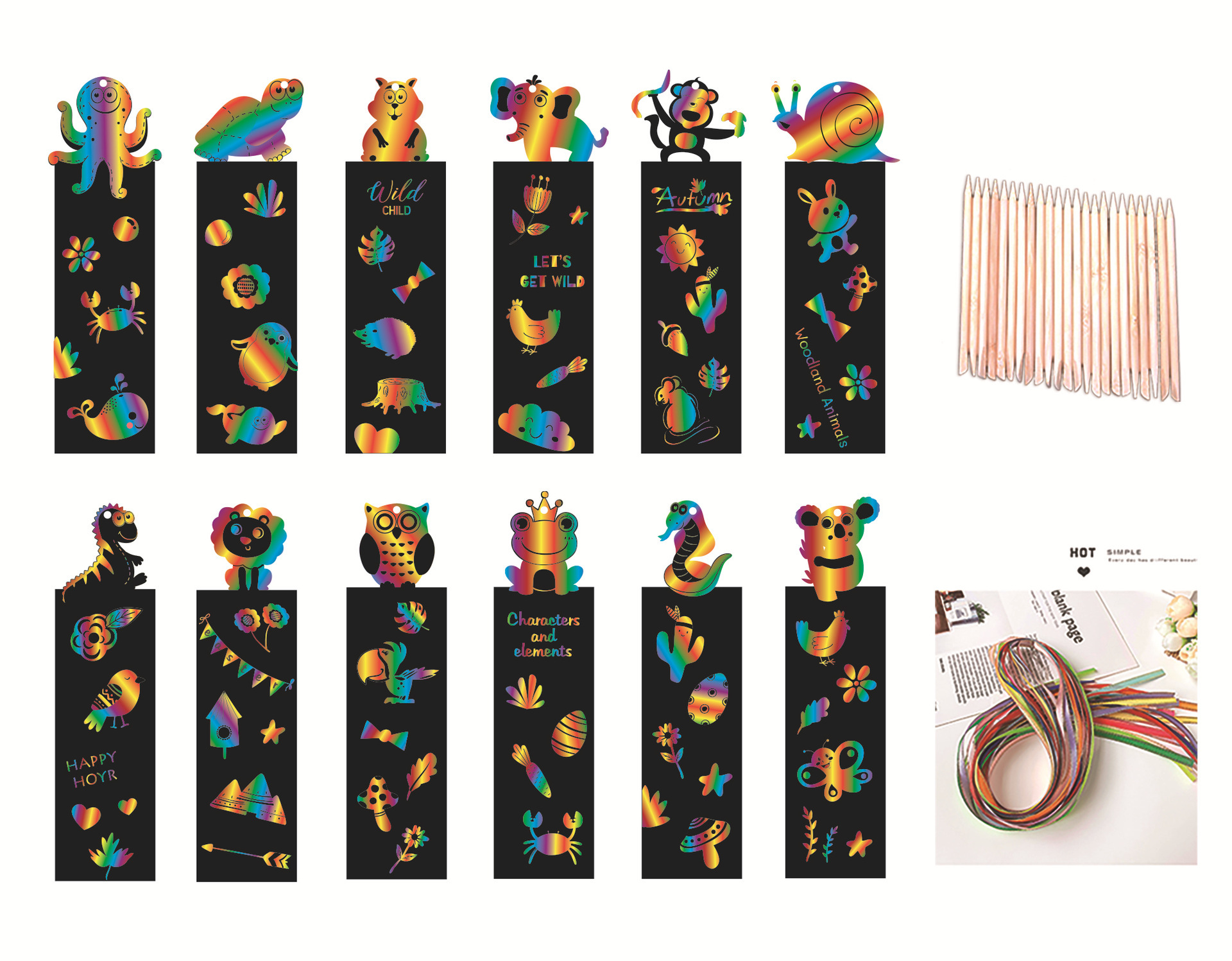 🔖DIY Animal Scratch Art Bookmark🌈-With Wooden Stylus and Satin Ribbons