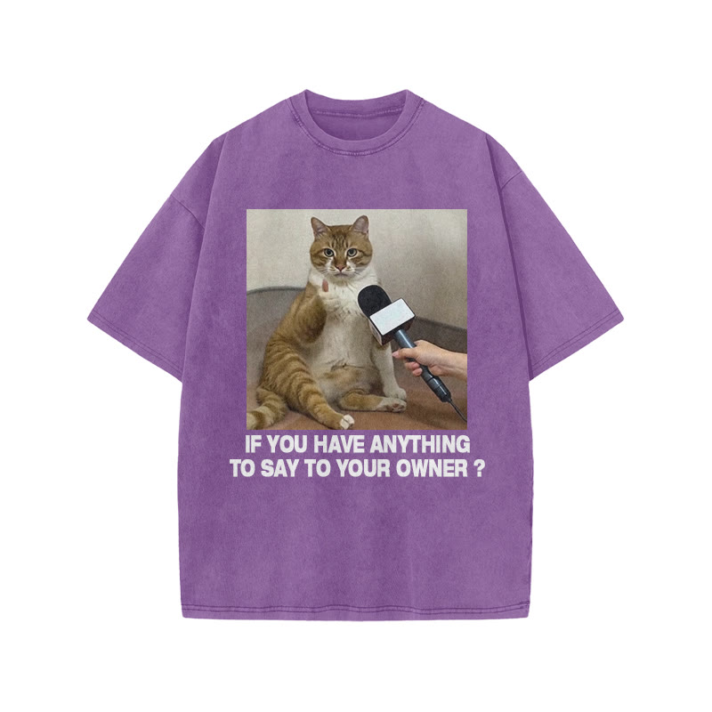 Unisex 100% Cotton Interviewed Cat Print Acid Washed T-shirt - Purple - US20-22(3XL) - image 6
