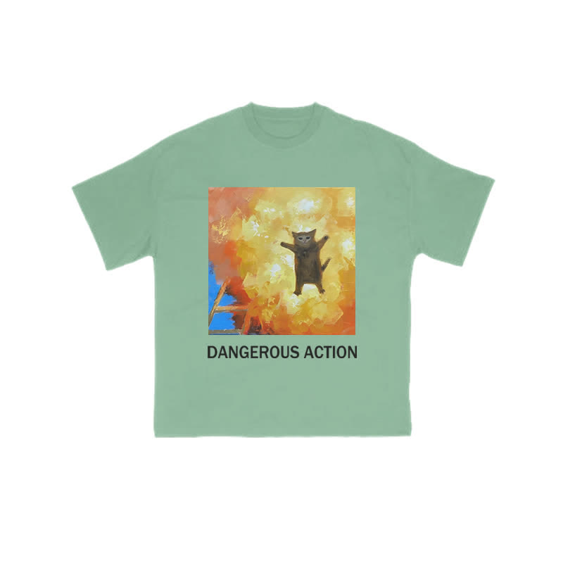 Unisex 100% Cotton Dangerous Action Cat Art Print T-shirt - Green - US16-18(2XL) - image 8