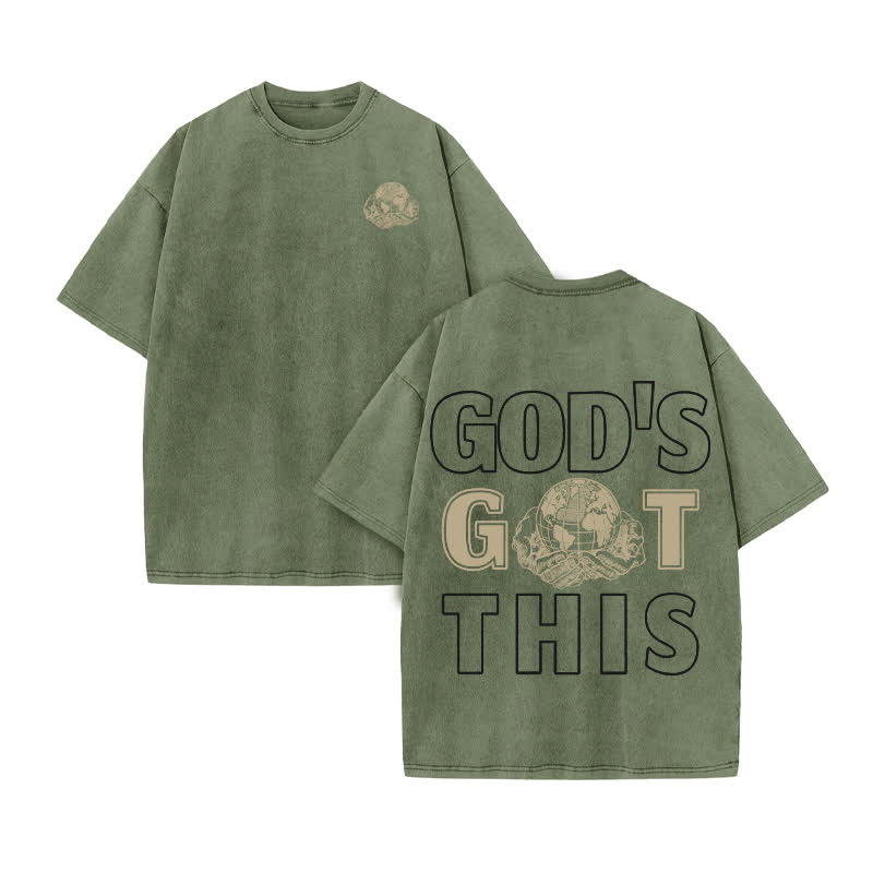 Unisex 100% Cotton God's Got This Print Acid Washed T-shirt - Army Green - US20-22(3XL) - image 6
