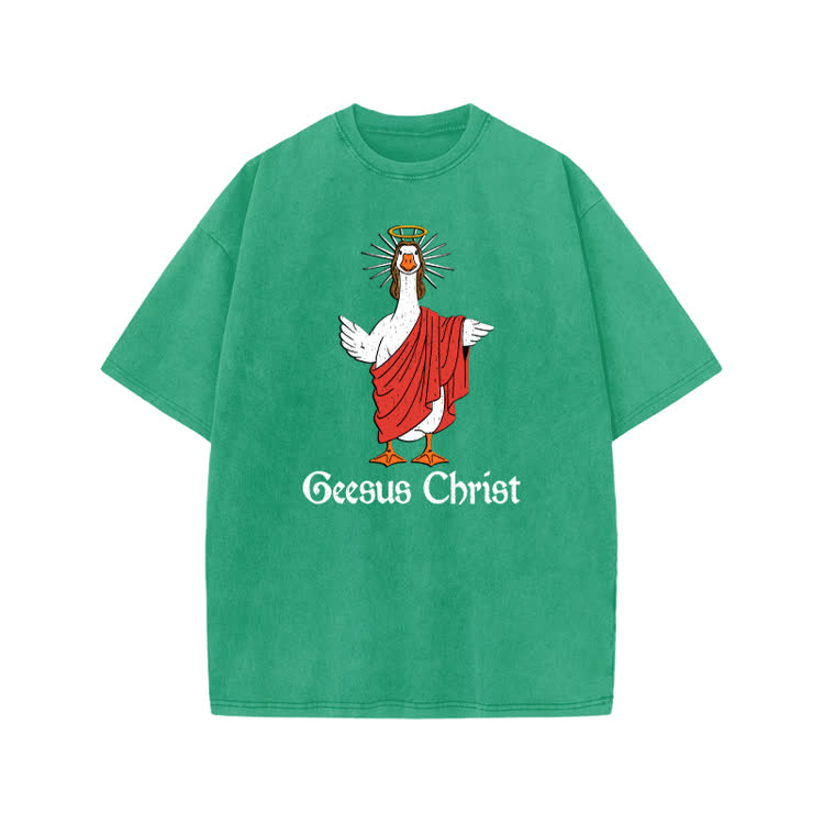Geesus Christ Graphic Print Acid Washed T-shirt - Green - US20-22(3XL) - image 7