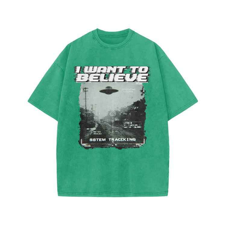 Vintage Sci Fi I Want to Believe Graphic Print Acid Washed T-Shirt - Green - US20-22(3XL) - image 7