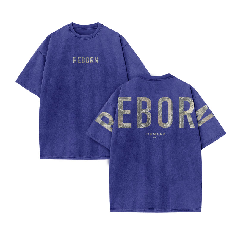 Reborn Romans 6:4 Dead Leaves Camouflage Print Acid Washed T-shirt - Blue - US20-22(3XL) - image 9