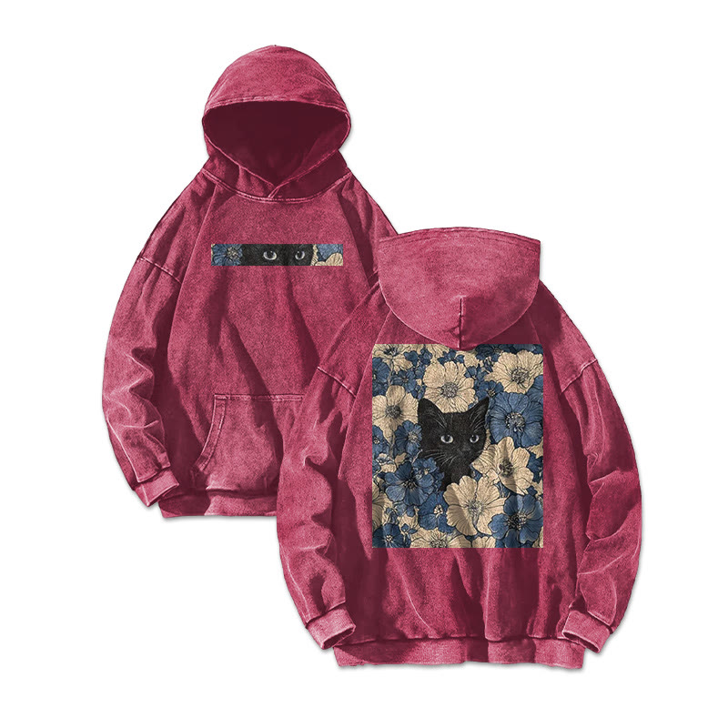 Black Cat In A Patchwork Flower Field Printed Washed Hoodie - Rose - US16-18(2XL) - image 6