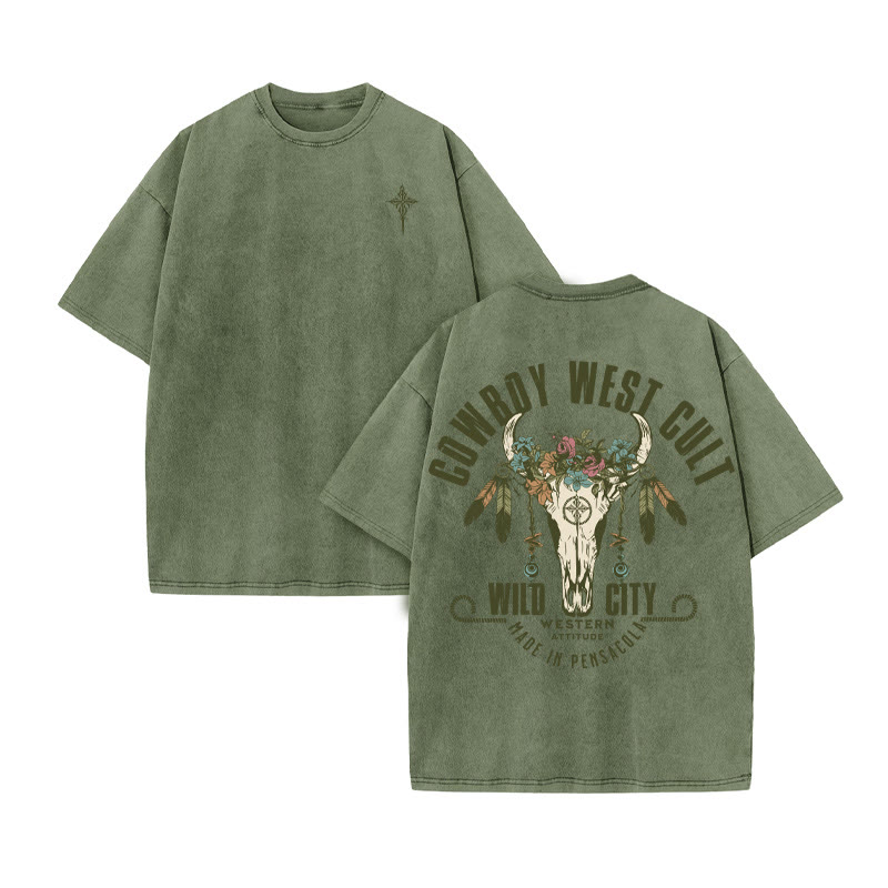 Unisex 100% Cotton COWBOY WEST CULT Western Style Print Acid Washed T-shirt