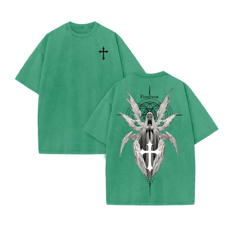 Unisex Forgiven Print Acid Washed T-shirt - Green - US20-22(3XL) - image 7