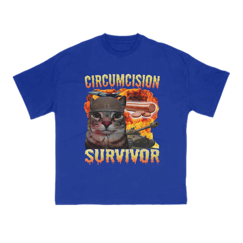 Unisex 100% Cotton Circumcision Survivor Meme Cat Print T-shirt - Blue - US16-18(2XL) - image 10