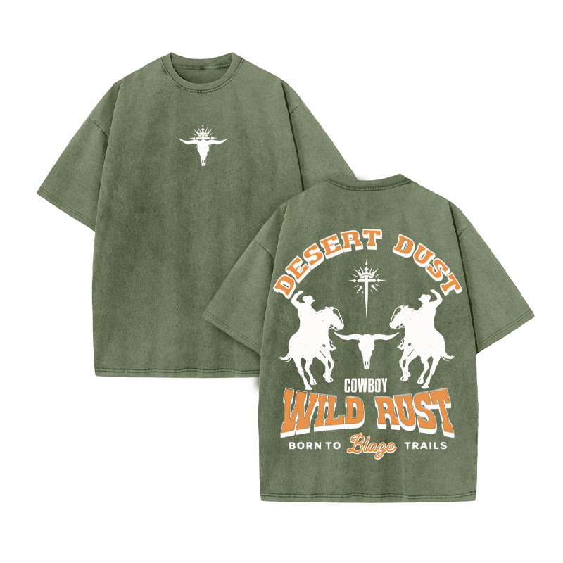 Unisex 100% Cotton DESERT DUST Western Style Print Acid Washed T-shirt