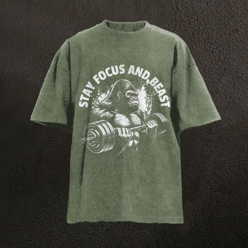 100% Cotton Stay Focus And Beast Gym Print Acid Washed T-shirt - Army Green - US20-22(3XL) - image 4