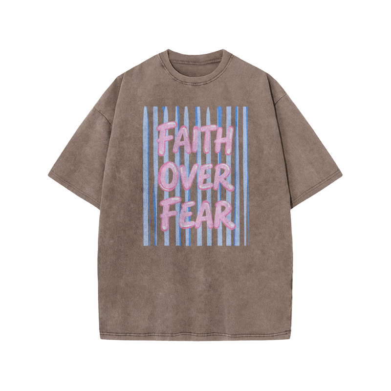 Faith Over Fear Stripe Print Acid Washed T-shirt - Coffee - US20-22(3XL) - image 5