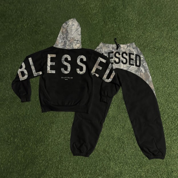 Blessed Dead Leaves Camouflage Print Hoodie Set - Black - 8XL - image 3
