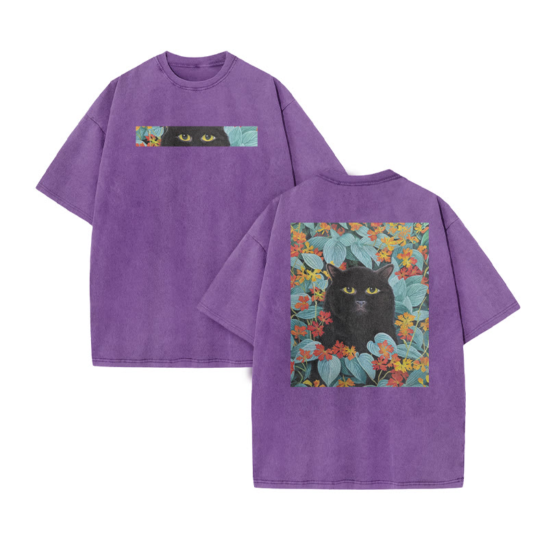 A Black Cat In A Field Of Blue Leaves Print Acid Washed T-shirt - Purple - US20-22(3XL) - image 9