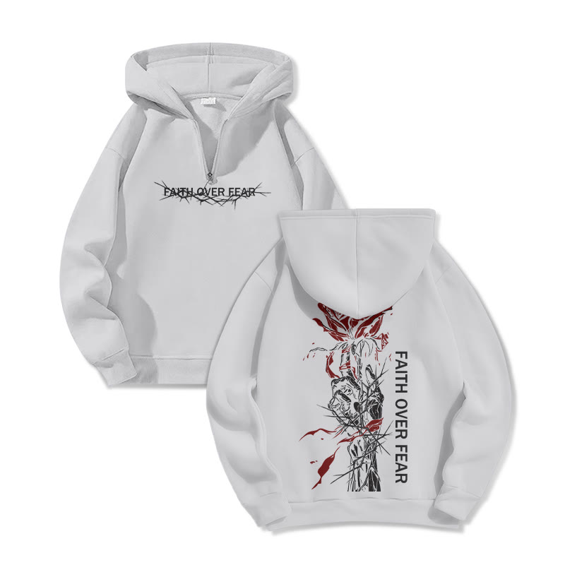 Unisex Faith Over Fear Print Half Zip Hoodie - Light Gray - US32-34(5XL) - image 5