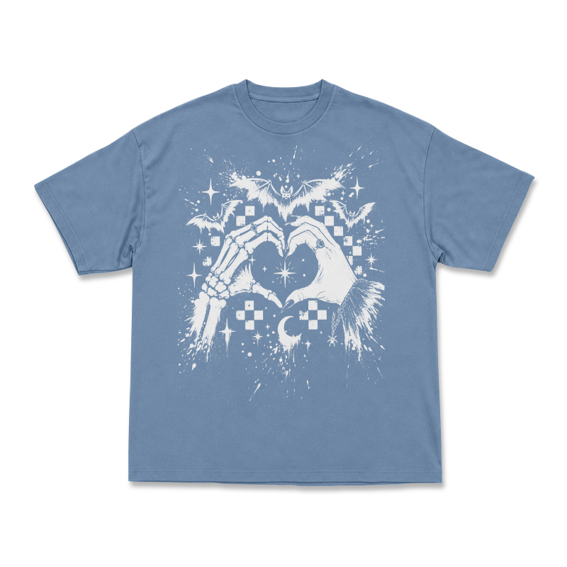 Gothic Skeleton Hand Heart Round Neck Graphic Print T-Shirt - Dusty Blue - US16-18(2XL) - image 12