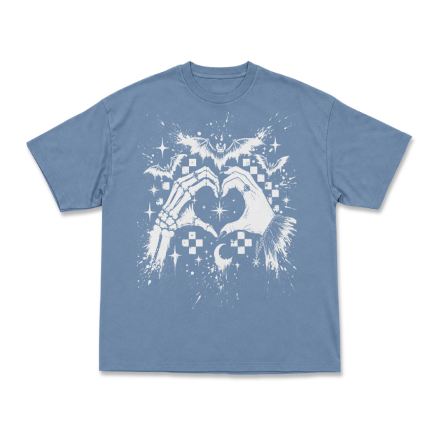 Gothic Skeleton Hand Heart Round Neck Graphic Print T-Shirt - Dusty Blue - US16-18(2XL) - image 12
