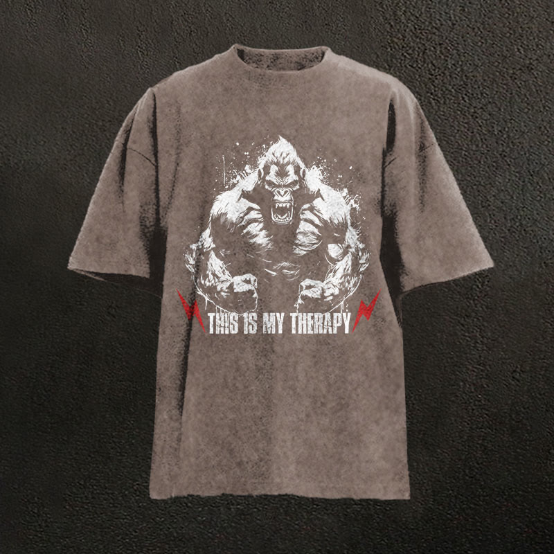 100% Cotton This Is My Therapy Gym Print Acid Washed T-shirt - Coffee - US20-22(3XL) - image 3