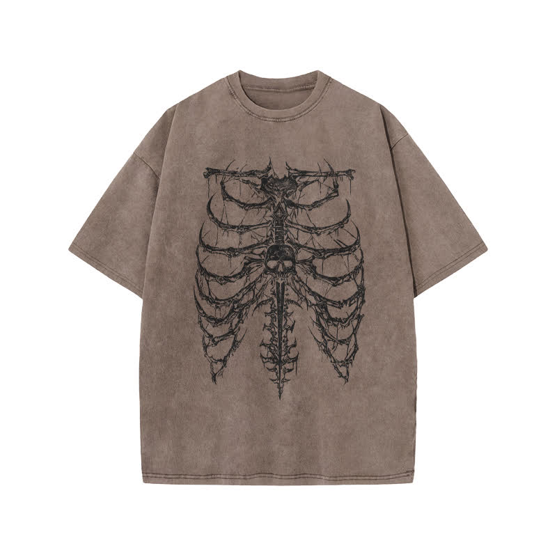 Unisex Exoskeleton Illustration Design Print Acid Washed T-shirt - Coffee - US20-22(3XL) - image 3