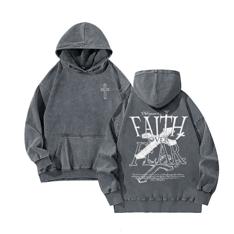 Unisex 100% Cotton Faith Over Fear Printed Washed Hoodie  - Grey - 3XL - image 3