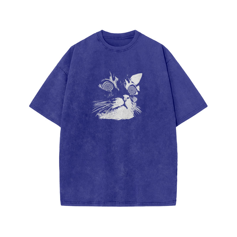 Unisex 100% Cotton Hypnotic Cat Print Acid Washed T-shirt - Blue - US20-22(3XL) - image 8