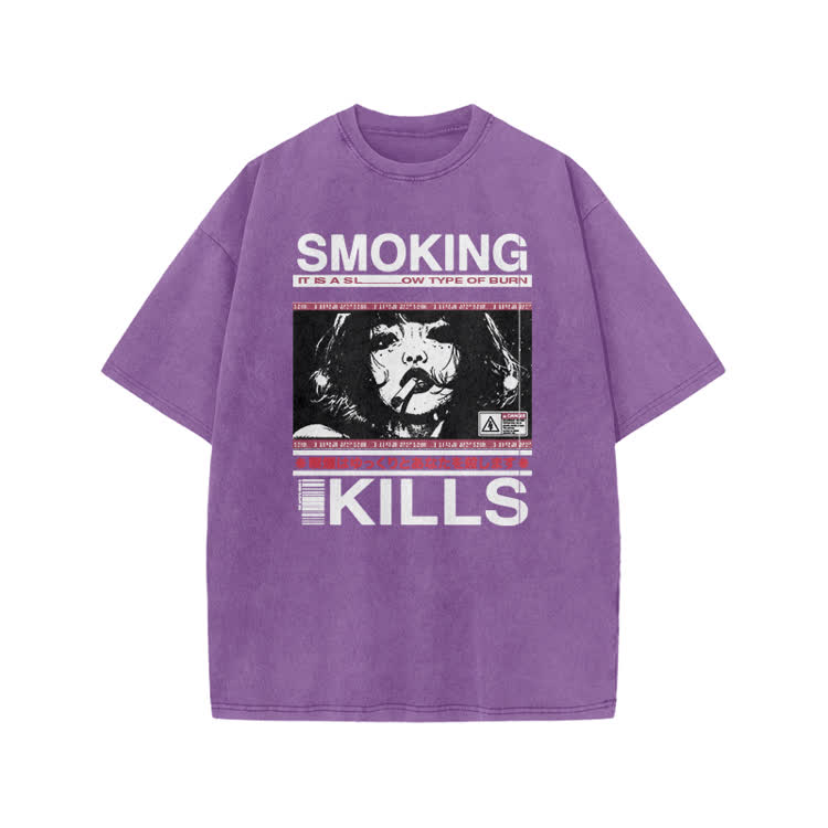 Smoking Kills Retro Manga Style Graphic Print Acid Washed T-Shirt - Purple - US20-22(3XL) - image 6