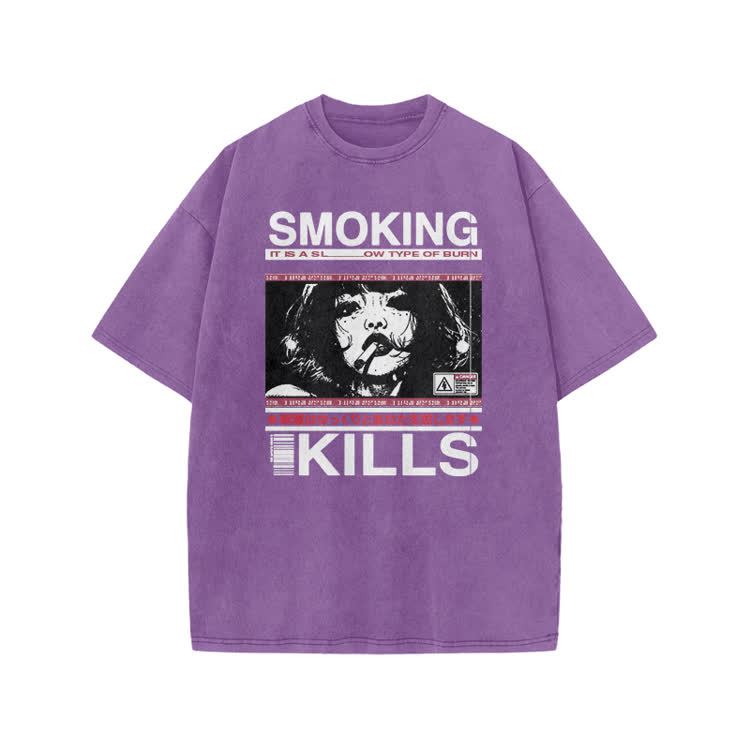 Smoking Kills Retro Manga Style Graphic Print Acid Washed T-Shirt - Purple - US20-22(3XL) - image 6