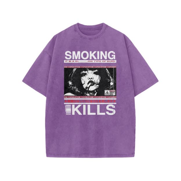 Smoking Kills Retro Manga Style Graphic Print Acid Washed T-Shirt - Purple - US20-22(3XL) - image 6