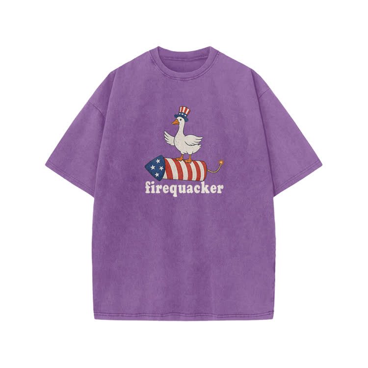 Firequacker Patriotic Duck Rocket Graphic Print Acid Washed T-shirt - Purple - US20-22(3XL) - image 6