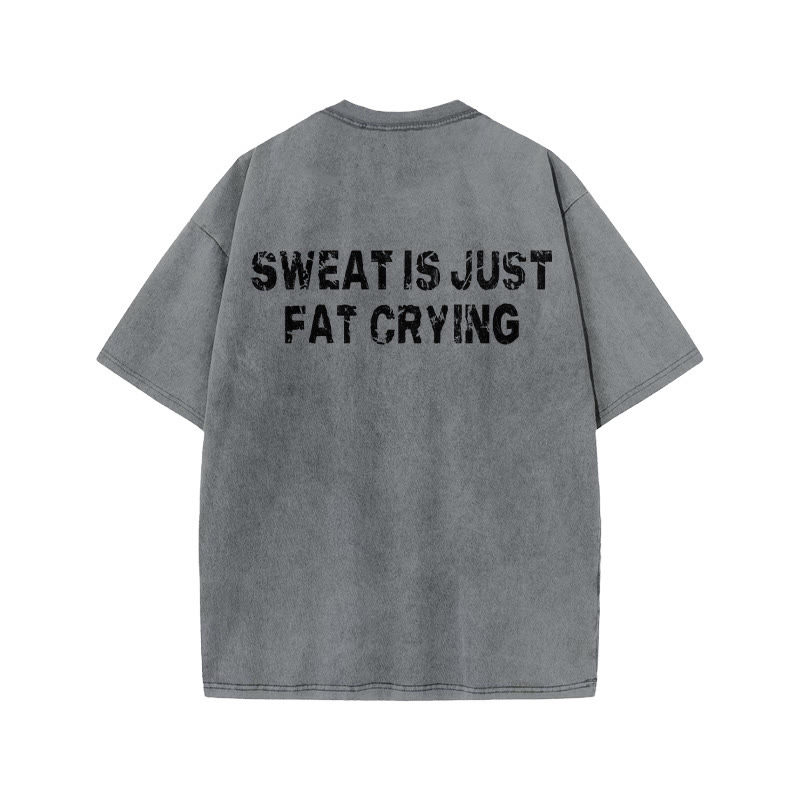 100% Cotton Sweat Is Just Fat Crying Gym Print Acid Washed T-shirt - Grey - US20-22(3XL) - image 5